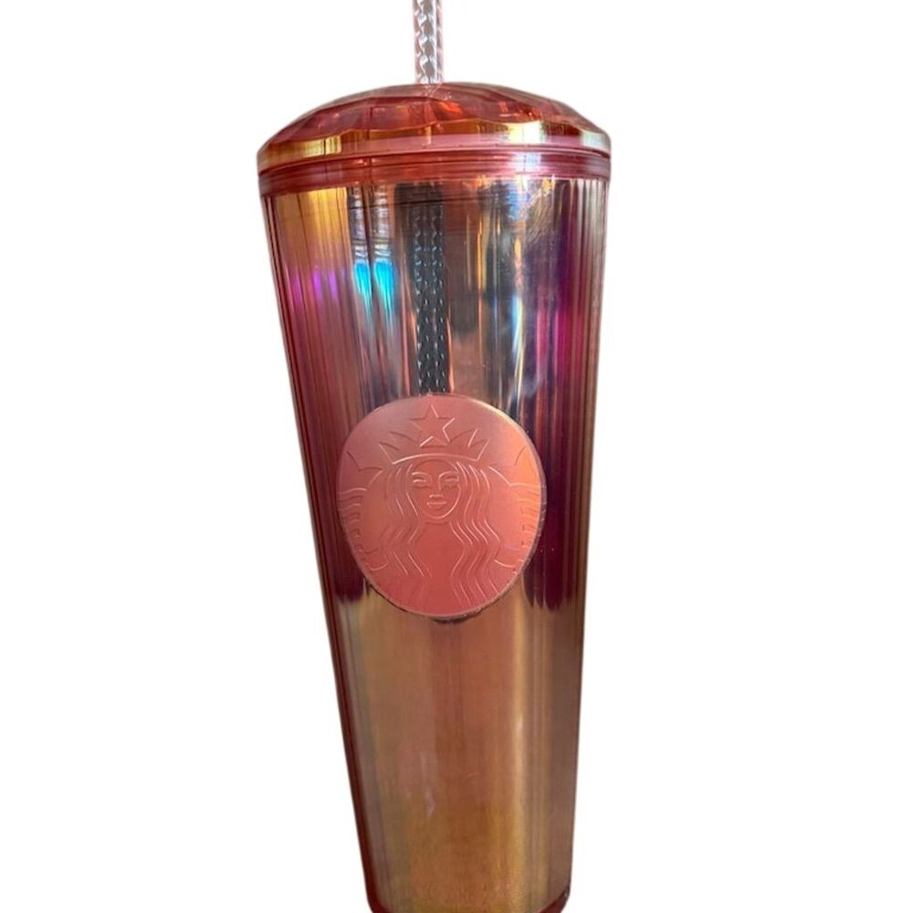 Starbucks 24oz Rose Gold Iridescent Diamond Dome Tumbler w/ Straw